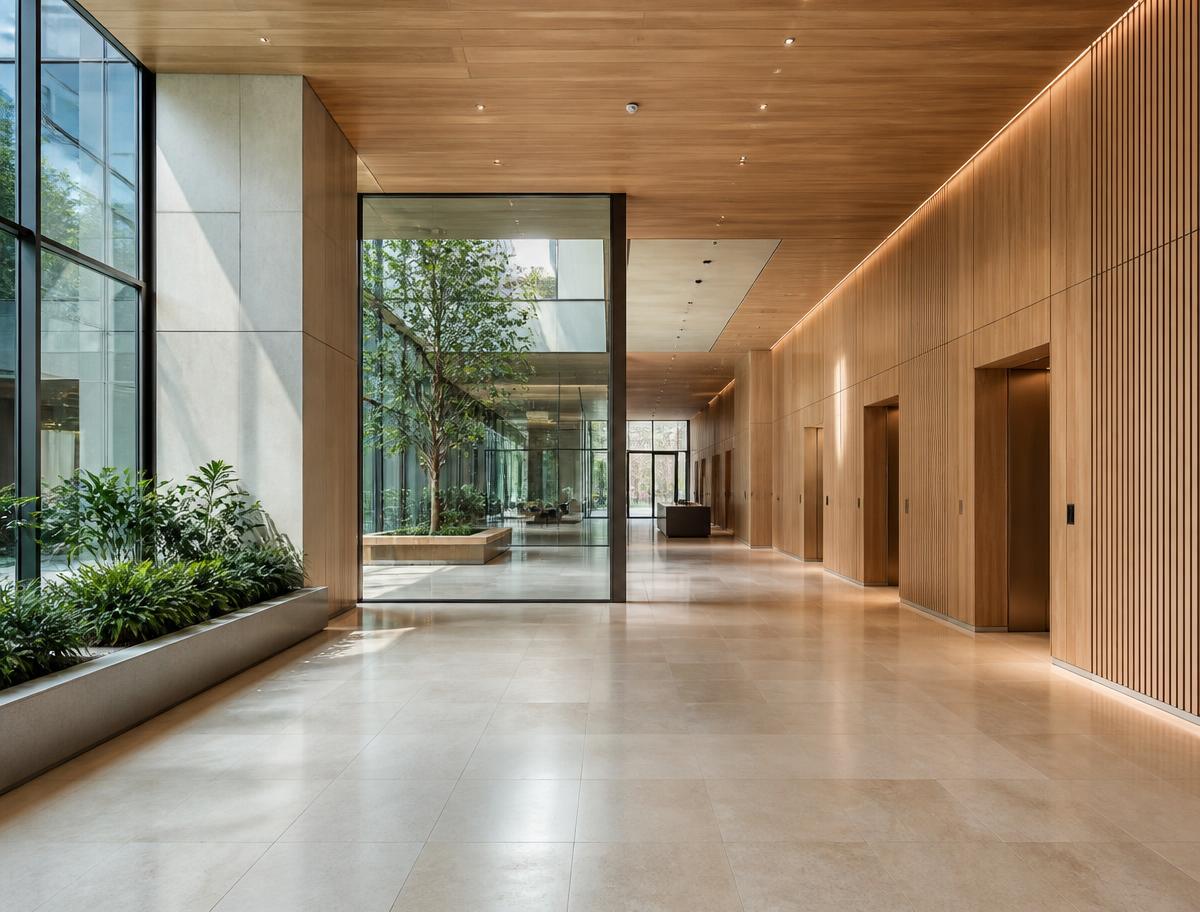An empty modern office lobby in pale stone and oak, lit by daylight