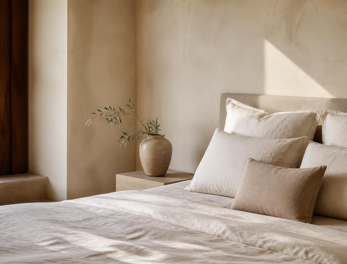 A calm bedroom with ivory linen bedding and soft daylight on plaster walls